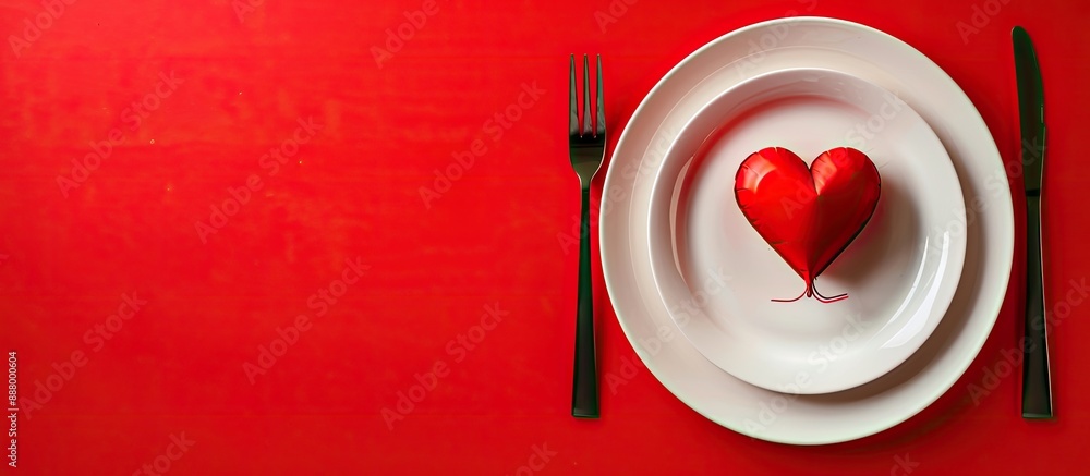 Poster valentine s day concept with two forks and an empty plate placed on a red table perfect for a romant