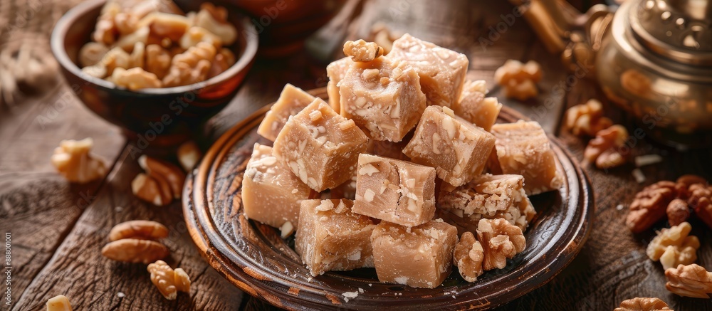 Poster delicious turkish halva with walnuts displayed in a copy space image