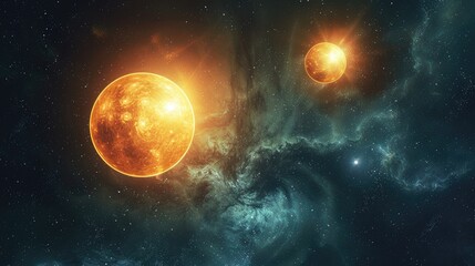 Obraz premium A binary star system, with one star significantly larger and brighter than the other.