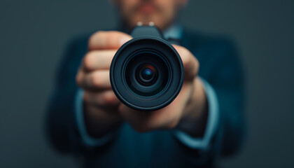 Close-up shot of a person holding a camera lens, capturing the essence of photography and the art of focusing.
