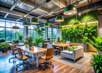 Vibrant greenery and sleek modern furniture thrive in a softly focused office space, warmed by inviting lighting, evoking a sense of dynamism and collaboration.