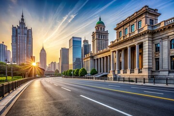 Classical architecture and urban roads, empty road in the city