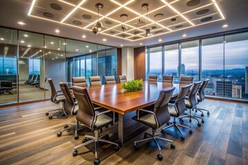 Empty corporate boardroom with bright lights, sleek furniture, and a prominent vacant space, evoking a sense of achievement and success, ready for business champions.