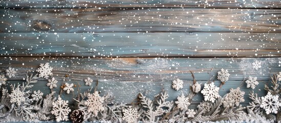 Festive winter backdrop adorned with snowflakes garland on wooden surface for messages with copy space image