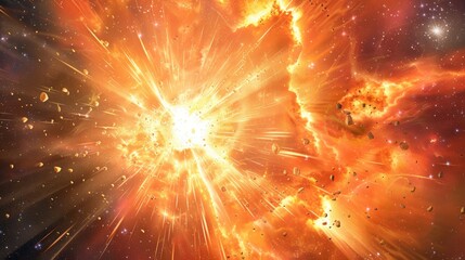 A close-up of a supernova explosion, with bright, radiant light and scattered star fragments.