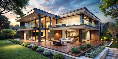 Fototapeta premium Modern luxury house with sleek lines, floor-to-ceiling windows, and sliding glass doors, surrounded by lush greenery, perfect for showcasing high-end properties.