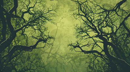 Enchanting Forest Scene Intricate Black Line Sketch on Mossy Green Background.






