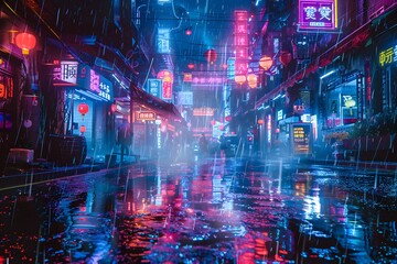 Naklejka premium Neon-Lit Rainy Street in a Futuristic Cityscape
