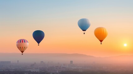 Naklejka premium Balloons, floating over a cityscape at sunset, whimsical adventure