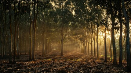 Naklejka premium Rubber Tree Farm in Rural Area at Sunset with Text Space