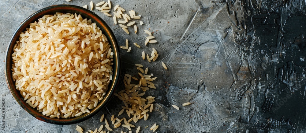 Poster a bowl of brown rice displayed on a rustic wooden surface with a grey backdrop creating an appealing