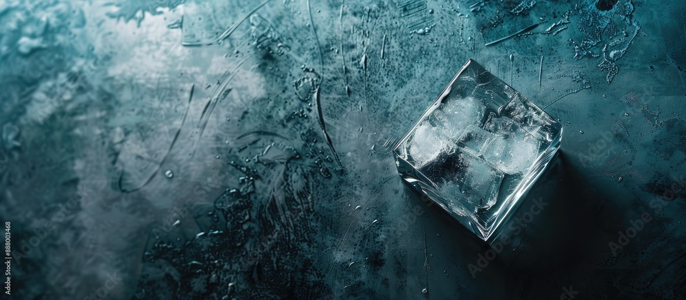Poster top down view of a transparent artificial ice cube concept on a food themed background with space fo