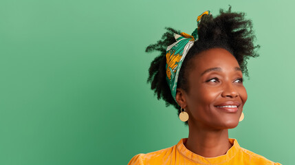 Smiling attractive black woman 30s years old, isolated on plain green background studio portrait. People lifestyle concept.