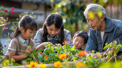 a Japanese family working together in their home garden, planting vegetables and flowers, with the grandfather instructing the children on gardening techniques, Families in Japan,