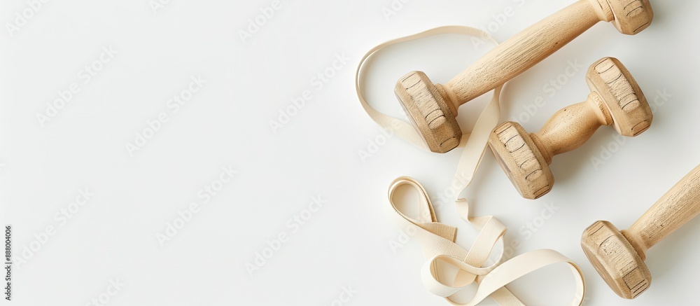 Poster view from above of small dumbbells and a rubber band on a blank background for text in the image. co
