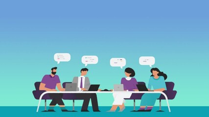 Illustration of a team business meeting with four people using laptops. Discussion bubbles suggest collaborative communication and teamwork.