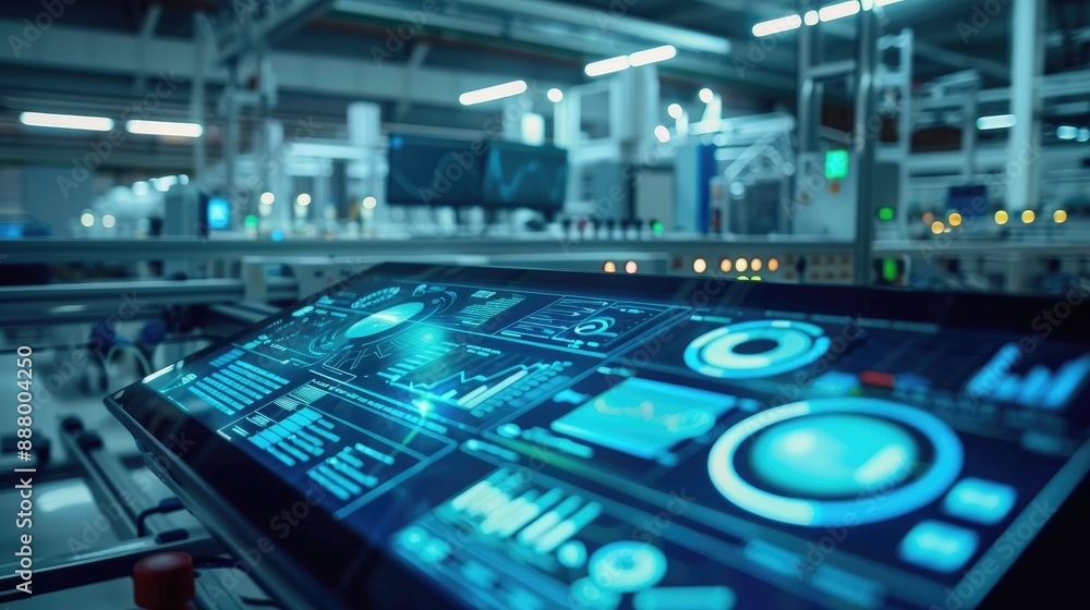Poster a digital dashboard in a modern smart factory, monitoring production processes.