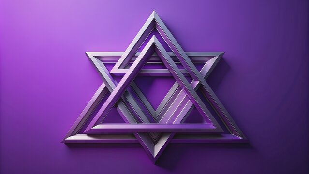 Geometric abstraction of intersecting triangles in a minimalist 3D design against a rich, solid violet background, creating a visually striking and harmonious composition.