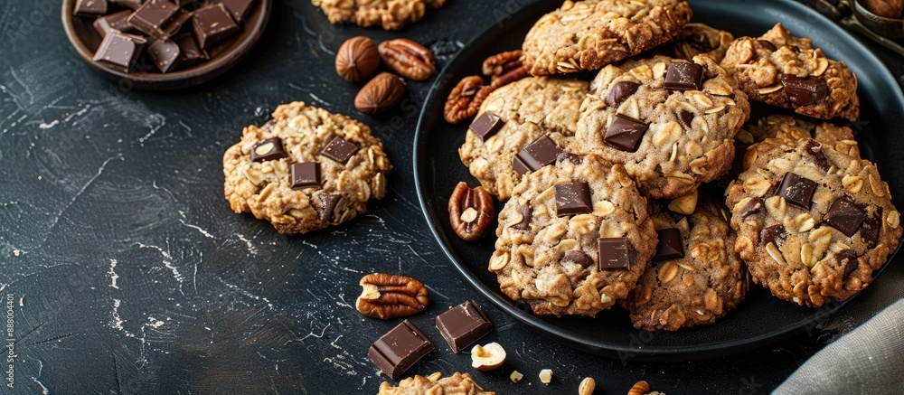 Aufkleber scrumptious oatmeal cookies with chocolate and nuts displayed on a black ceramic plate over a dark c
