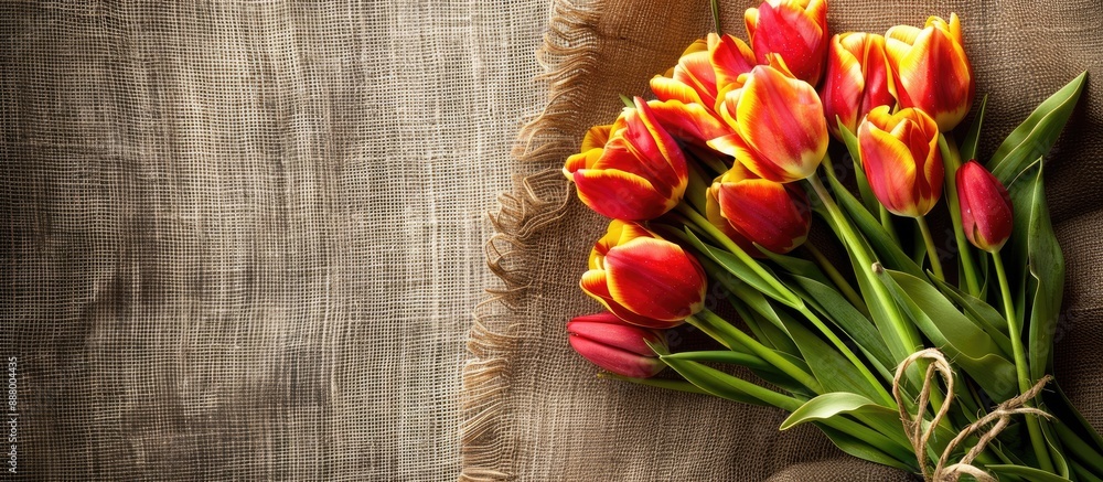 Poster bouquet of red and yellow tulips displayed on rustic sackcloth ideal as a gift for women s day or mo