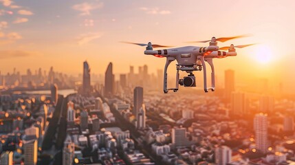A drone flying over a cityscape, capturing aerial footage and data.