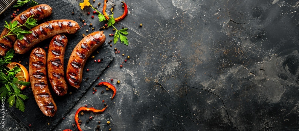 Poster stone background featuring grilled bavarian sausages with room for text in the image. copy space ima