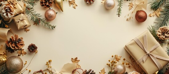 Zero waste Christmas holiday concept showcased with festive ornaments gifts wrapped in craft paper flowers all elegantly arranged on a beige background for a flat lay copy space image