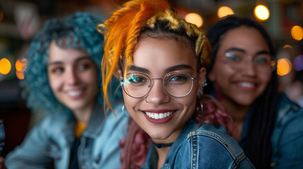 Obraz premium Three young women with colorful hairstyles and glasses smiling and posing together in a casual setting with warm lighting.