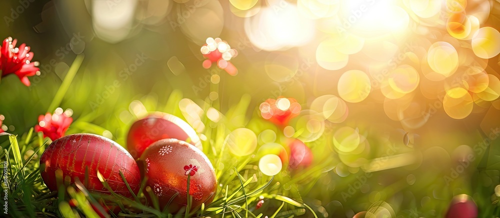 Canvas Prints Happy Easter Red painted Easter eggs set against a spring backdrop with copy space image