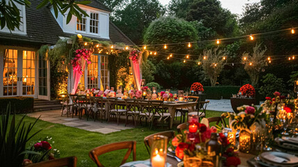Fototapeta premium Summer party celebration in the garden, outdoor lounge and countryside house patio decor, English country cottage house design idea