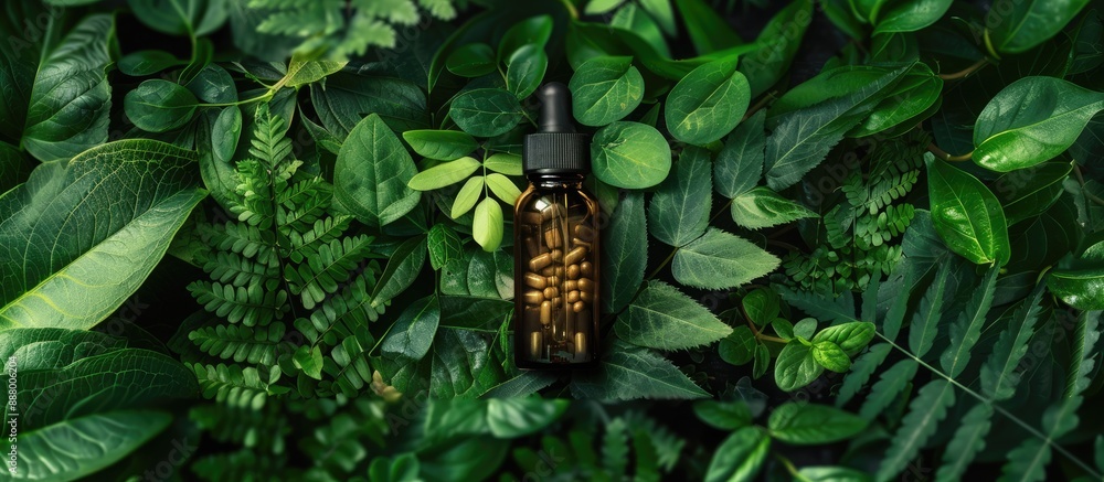 Poster top view mockup of a medicine bottle surrounded by green leaves representing natural organic bio sup