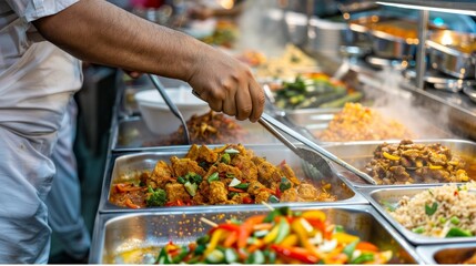 Traditional street food stall with steam rising into the night, [culinary culture], [street life]