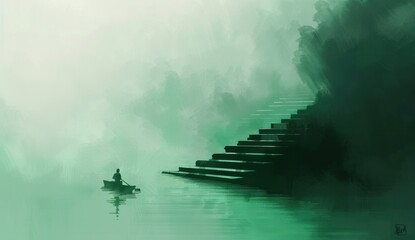 Fototapeta premium A Solitary Rowboat at the Edge of a Mystical Stairway