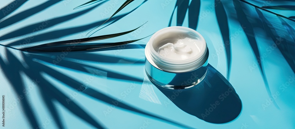 Poster moisturizing cream jar and instructional manual on a blue backdrop with palm shadows presenting a mo