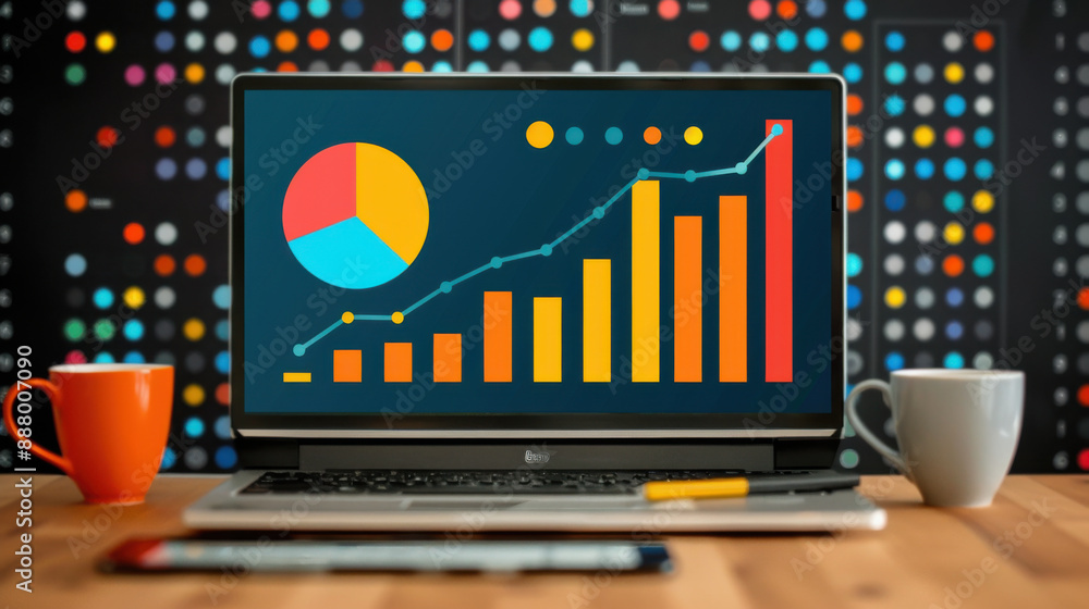 Poster laptop showing colorful business analytics charts and graphs on the screen, set on a desk with coffe