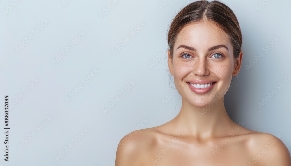 Wall mural beautiful woman with radiant skin smiling in a studio setting. ideal for beauty and skincare concept