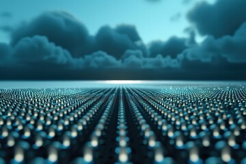 Fototapeta premium Abstract futuristic landscape with glowing orbs and ominous clouds in the background, depicting a sci-fi and digital concept.