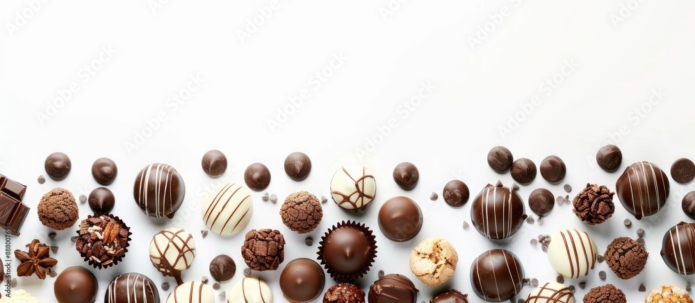 Poster variety of chocolate candies arranged on a white background with space for text creating a copy spac