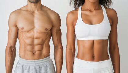 Fit man and woman showing toned abdominals, dressed in activewear, perfect for fitness inspiration and healthy lifestyle concepts.