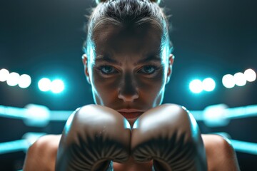 Focused female boxer with gloves, ready for action in the ring under bright lights. Intense and powerful athletic image.