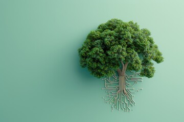 Innovative concept of a tree with electronic circuits as roots, symbolizing nature and technology integration on a green background.