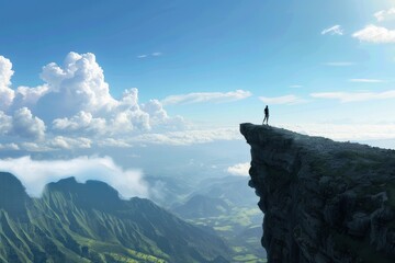 Fototapeta premium Silhouette of a person standing on a cliff, overlooking expansive green mountains and beautiful sky with fluffy clouds.
