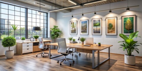 A modern office with inspirational quotes and artwork on the walls, creating an uplifting and motivational work environment for employees. Minimal and Simple,