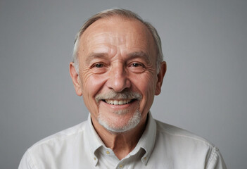 Portrait view of a regular happy smiling Belarus old man, ultra realistic, candid, social media, avatar image, plain solid background