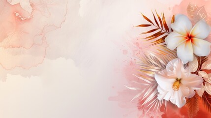 Elegant floral background with white tropical flowers and soft pink watercolor splashes, perfect for invitation or card design.