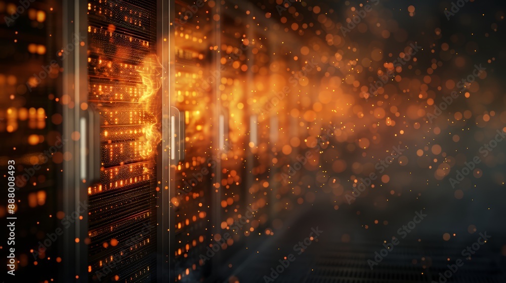 Poster data center with glowing servers, showcasing digital technology and network infrastructure in a futu