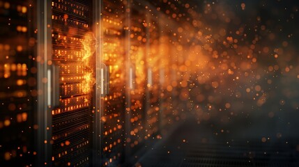 Fototapeta premium Data center with glowing servers, showcasing digital technology and network infrastructure in a futuristic setting.