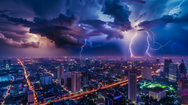 Thunderstorm with lightning over modern city.