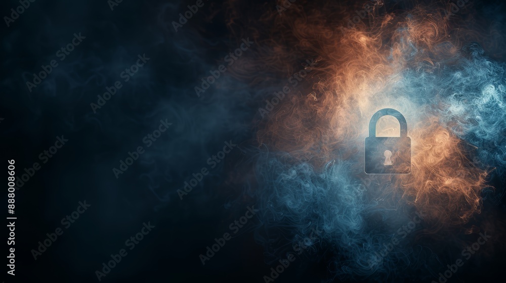 Poster a secure padlock in a cloud of blue and orange smoke, symbolizing data security and encryption in a 