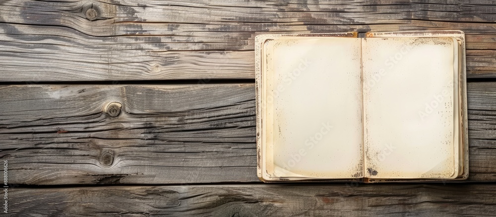 Poster wooden textured surface with a blank notebook creating a copy space image